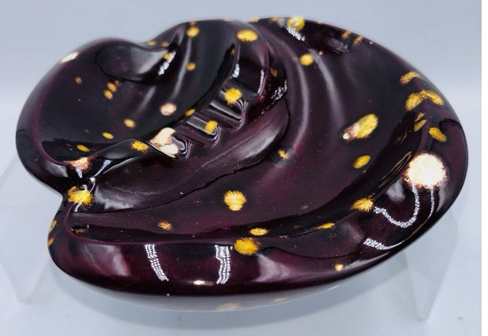 Vtg 1972 Art Pottery Ceramic Ashtray Dark Brown Glaze Yellow Gold Splatter EUC